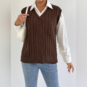 Cable-Knit Button-Up Sweater Vest